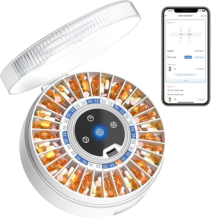 Zoksi Premium 31-Slot Automatic Pill Dispenser with Fingerprint & Key Lock, Smart Medication Organizer with Alarm & Light, Electronic Pill Organizer for Elderly & Forgetfulness
