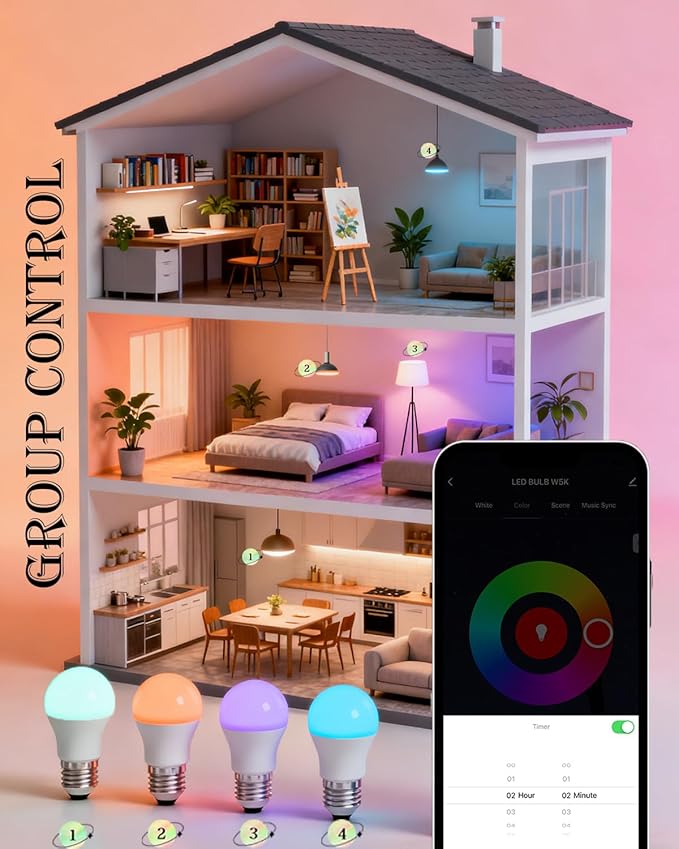 2-Pack 9W E27 Smart Light Bulb, 2.4G WiFi Bluetooth 800LM RGBWW Color Changing LED Bulb, 16M Colors Music Sync Voice Control Works with Alexa Google Home for Bedroom Christmas Parties Decor