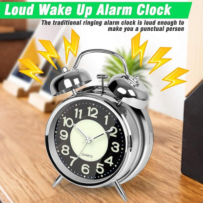 AYRELY® Super Loud Alarm Clock for Heavy Sleepers Adults,Twin Bell Retro 4 Inch Silent Non-Ticking Quartz with Backlight, Luminous dial, Alarm Clocks for Bedrooms Bedside (Silver)