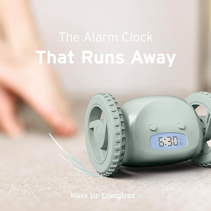CLOCKY Alarm Clock on Wheels – Loud Rolling Alarm Clock for Heavy Sleepers | Runaway Clock That Jumps & Runs to Wake You Up | Funny Unique Gift for Adults, Teens & Kids Bedrooms (Sage)