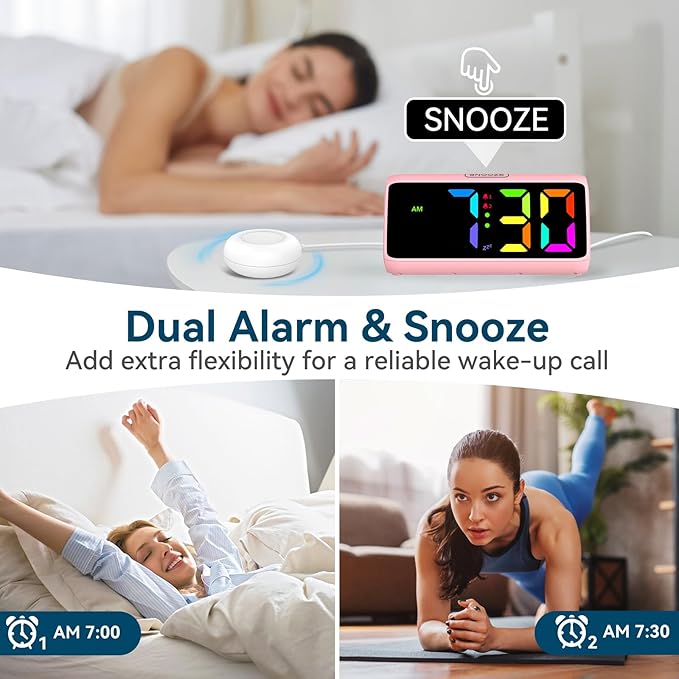 Netzu Loud Alarm Clock for Heavy Sleepers, Plug-in RGB Vibrating Alarm Clocks with Bed Shaker, 5 Dimmers, 2 Alarms and Snooze for Bedrooms Hearing Impaired Deaf Adults Pink