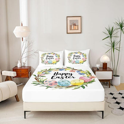 Easter Bed Sheet Queen Size Easter Eggs Flowers Floral Bedding Set Farmhouse Spring Holiday Fitted Sheet Kids Boys Girls Room Decor White Colorful Soft Sheets with 2 Pillowcase,No Top Flat