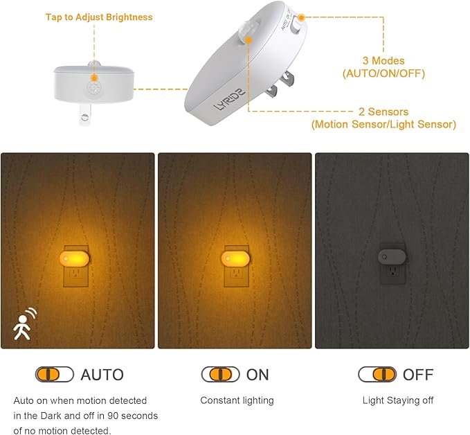 Lyridz Amber Night Light with Motion Sensor, Plug in LED Nightlights, 120LM Stepless Adjustable Brightness Ideal for Bathroom, Bedroom, Hallway, Stairs, Kids' Room, Nursery, Pet House, 2 Pack