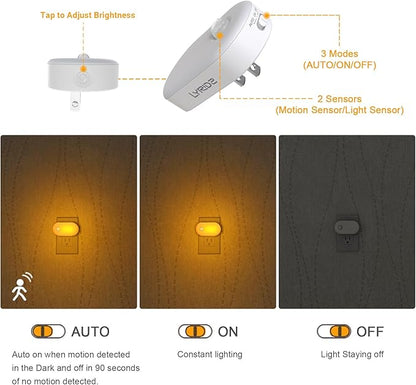Lyridz Amber Night Light with Motion Sensor, Plug in LED Nightlights, 120LM Stepless Adjustable Brightness Ideal for Bathroom, Bedroom, Hallway, Stairs, Kids' Room, Nursery, Pet House, 2 Pack