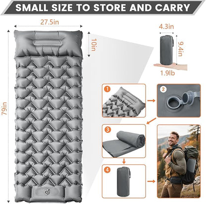 Ultralight Sleeping Pad for Backpacking, 4" Thick & 1.9 lb, with Built-in Pillow & Fast Foot Pump, Compact Inflatable Mat for Hiking and Camping