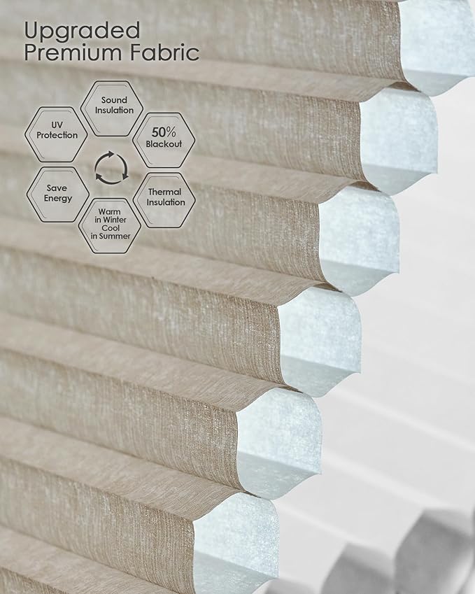 Yoolax Smart Cellular Shades, Motorized Elongated Arch Honeycomb Blinds with Remote Compatible with Alexa, Customized Elongated Arch Cellular Shades (Half Shading Texture Light Coffee)