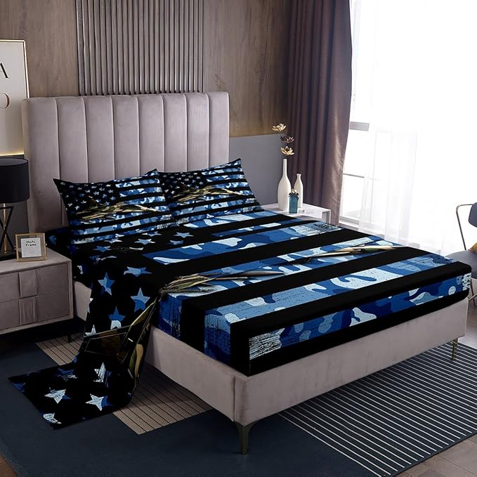 Manfei Airplane Sheet Set Full Size, Army Camouflage Aircraft Bedding Set for Kid Boy Room Decor, Blue Camo American Flag Bed Sheet Set 4pcs with Deep Pocket Fitted Sheet + Flat Sheet + 2 Pillowcases