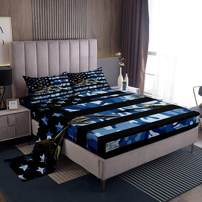 Manfei Airplane Sheet Set King Size, Army Camouflage Aircraft Bedding Set for Kid Boy Room Decor, Blue Camo American Flag Bed Sheet Set 4pcs with Deep Pocket Fitted Sheet + Flat Sheet + 2 Pillowcases