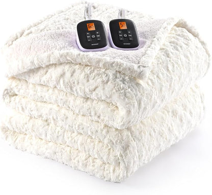 WOOMER Heated Blanket King Size 100" x 90", Electric Blanket with Dual Controls, 0.5-12 Hours Timer & 10 Heating Levels, ETL Certified, White Rose Patterns Faux Fur & Sherpa, Machine Washable