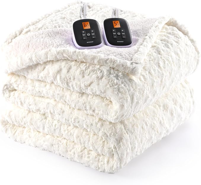 WOOMER Heated Blanket Queen Size 84" x 90", Electric Blanket with Dual Controls, 0.5-12 Hours Timer & 10 Heating Levels, ETL Certified, White Rose Patterns Faux Fur & Sherpa, Machine Washable