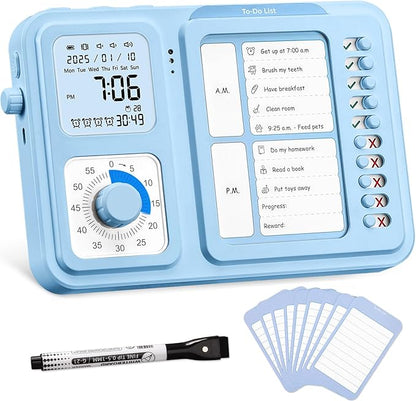3-in-1 Visual Timer & ADHD Tool for Kids|Adults, Task Timer with Chore Chart Board, Visual Schedule for Kids with Autism, Daily Checklist for Home, School, Classroom, Desk (Blue)