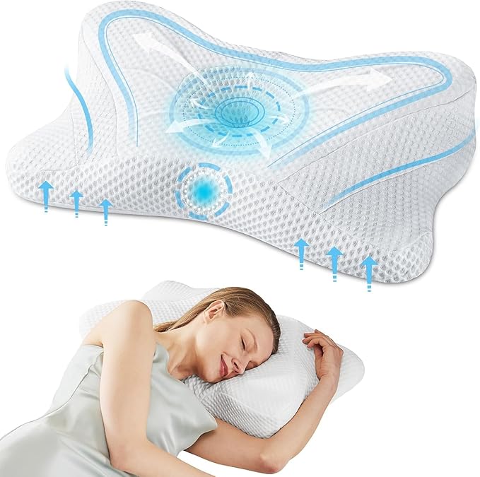 Sweetcrispy Cervical Pillow for Neck and Shoulder - Ergonomic Memory Foam Pillows, Contour Side Sleeper for Adults, Cooling Orthopedic Neck Support for Back Stomach Sleepers, White