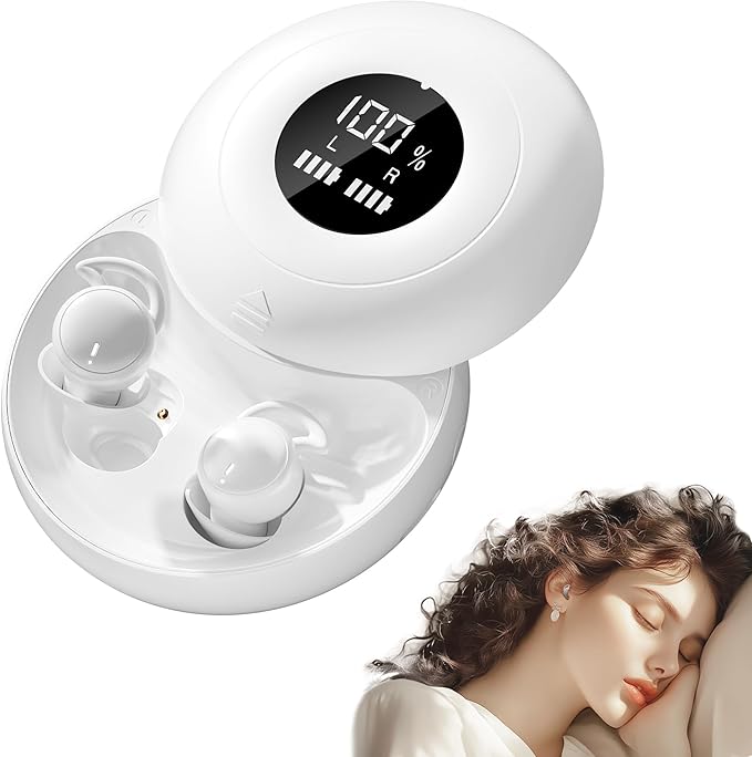 sunvito Sleep Earbuds Bluetooth 5.4, Mini Invisible Silicone Sleep Earbuds for Side Sleepers, Noise Blocking Sleeping Headphones, Hidden Earbuds with LED Display for Small Ears, Sleep & Relax (White)