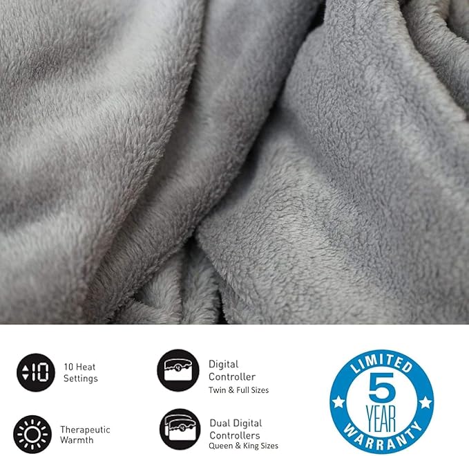 Biddeford Blankets Micro Plush Electric Heated Blanket with Digital Controller, Queen, Taupe
