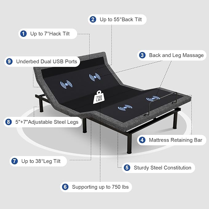 Vipbear Queen Adjustable Beds with Thickened Frame, Adjustable Bed Frame with Pillow-Tilt,Separate Head/Foot Lift,Smart APP Control, Massage, Zero Gravity, Anti-Snore, Wireless Remote,USB Ports