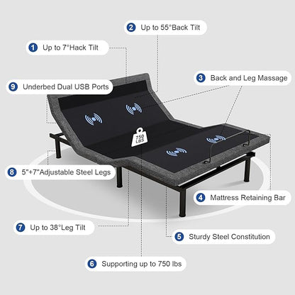 Vipbear Queen Adjustable Beds with Thickened Frame, Adjustable Bed Frame with Pillow-Tilt,Separate Head/Foot Lift,Smart APP Control, Massage, Zero Gravity, Anti-Snore, Wireless Remote,USB Ports