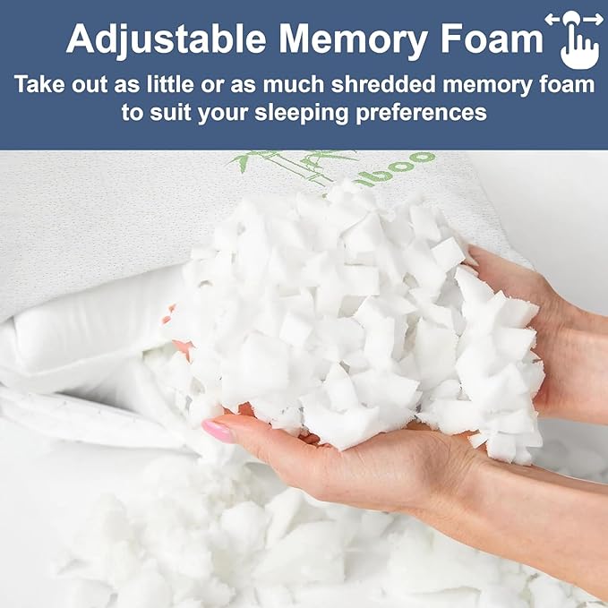 Rayon Derived from Bamboo Pillows Standard Size Set of 2 - Adjustable Shredded Memory Foam for Sleeping - Cooling & Breathable Pillowcase with Zipper - Back, Stomach, Side Sleeper 26x20 Inch
