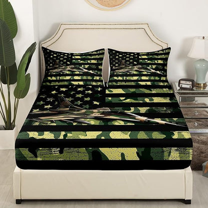Manfei Aircraft Sheet Set Full Size, Army Camouflage Airplane Bed Sheet Set 4pcs with Deep Pocket Fitted Sheet + Flat Sheet + 2 Pillowcases, Green Camo American Flag Bedding Set for Kids Boys Adults
