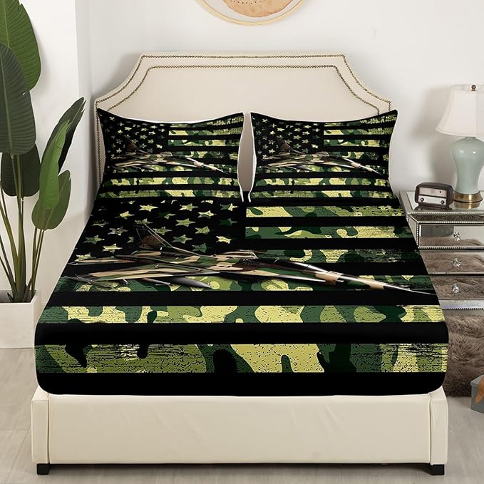 Manfei Aircraft Sheet Set Queen Size, Army Camouflage Airplane Bed Sheet Set 4pcs with Deep Pocket Fitted Sheet + Flat Sheet + 2 Pillowcases, Green Camo American Flag Bedding Set for Kids Boys Adults