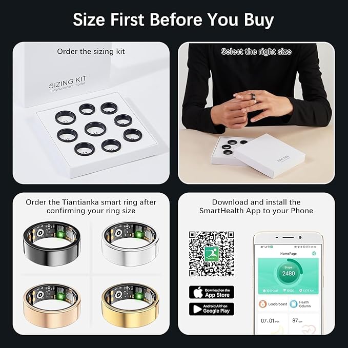 Ring Health Tracker for Women Men, Fitness Ring with Heart Rate,Blood Oxygen,Sleep Monitor,Calories, Step Counter, IP68 Waterproof Smart Ring for iPhone & Android, No Subscription Fee (Gold, 12#)