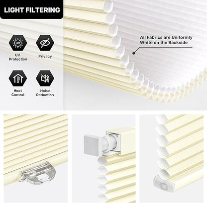 LazBlinds Cordless Cellular Shades, No Tools No Drill Light Filtering Honeycomb Shades Pleated Blinds for Windows, 34.5'' W x 48'' H, Cream
