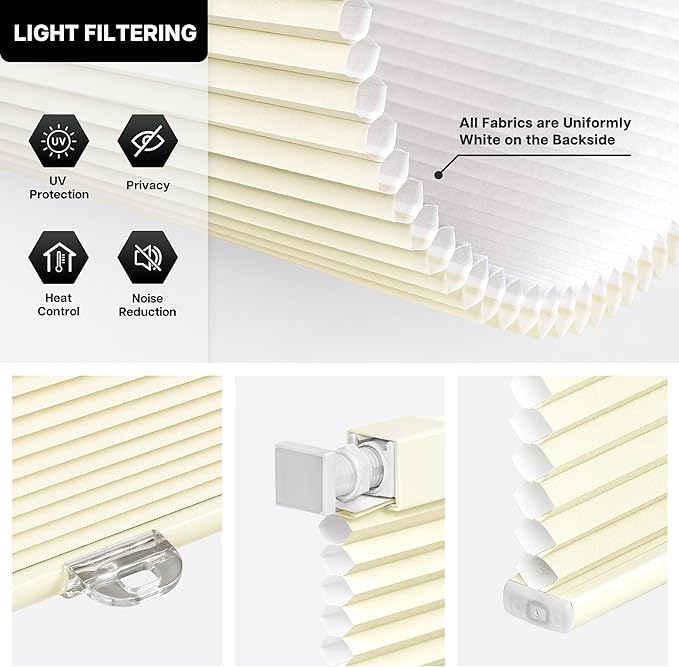LazBlinds Cordless Cellular Shades, No Tools No Drill Light Filtering Honeycomb Shades Pleated Blinds for Windows, 24'' W x 48'' H, Cream