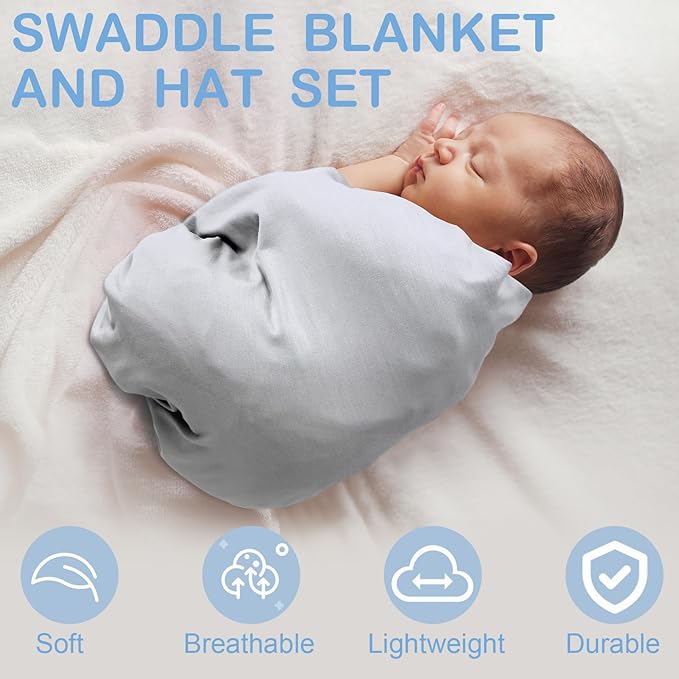 JaGely 2 Pcs Stretchy Baby Swaddle Blankets Set Extra Soft 47" x 47" Baby Newborn Swaddle Blanket and Hat(Light Gray, Light Blue)