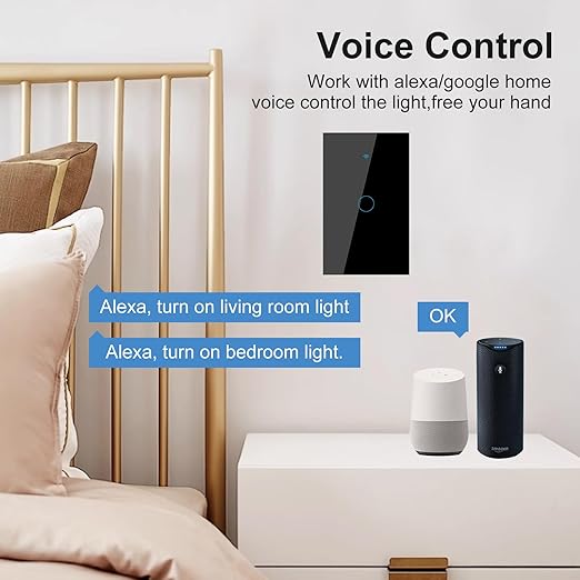 WiFi Smart Wall Light Switch,US Standard ，Voice Control ，Tempered glass panel, 2.4GHz Wi-Fi Touch Switches, Remote Control Smart Life/Tuya App, (2Gang-Black)