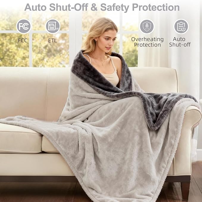 Electric Heated Blanket Throw 50''x60'' – Soft Dual-Sided Flannel, 12 Heat Settings, Smart Timer, ETL & FCC Certified, Machine Washable (Deep Gray & Light Gray, Single(50"x60"))
