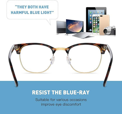 Blue Light Blocking Glasses Vintage Half Frame UV Clear Lens Anti Eyestrain Computer Gaming Glasses for Women Men(P62)
