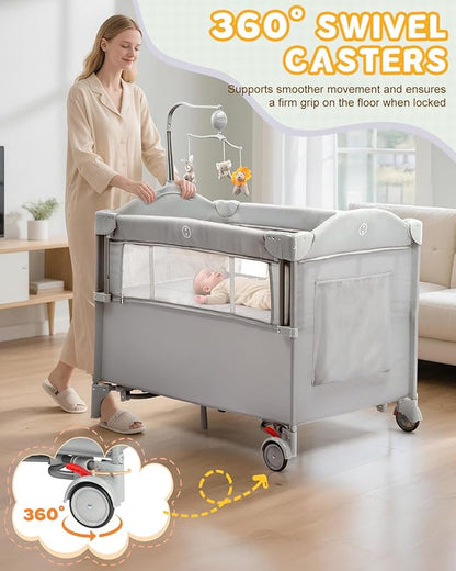 Ktaxon 5 in 1 Baby Bassinets Bedside Sleeper, Pack and Play, Baby Crib with Cradle Mode, Bedside Storage, Detachable Mattress, Fast Folding Design, Travel Bag, Playard from Newborn to Toddler