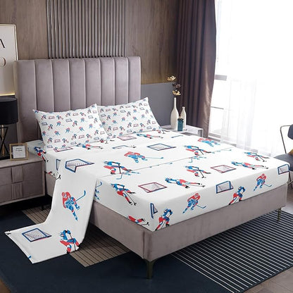 Manfei Hockey Players Bed Sheets Twin Size, Easy Wash Bedding Set,Winter Sports Games Kids Room Decor,White Blue Sheet(Fitted+Flat+1 Pillowcase)