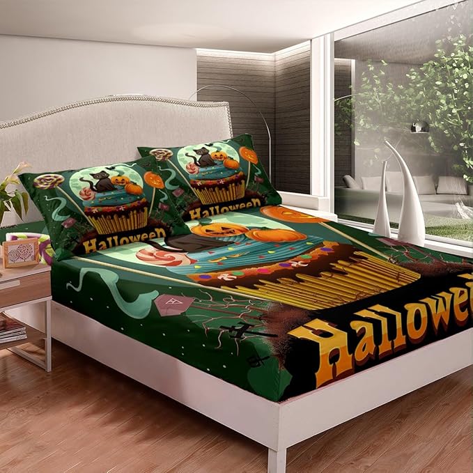 Happy Halloween Green Fitted Sheet Twin Size,Sweet Candy Pumpkin Cake Dessert Trippy Bed Sheet with 1 Pillowcase,Glitter Moon Mystic Bat Cat Animal Soft Decorative Fabric Bedding,Room Gift