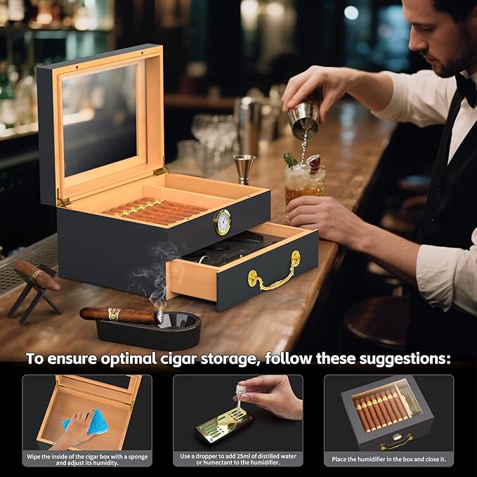 Cigar Humidor Box - Spanish Cedar Small Table Top Humidors for 20-50 Cigars with Accessories and Humidifier - Storage Drawer - Modern Desktop Cigar Holder for Men - Portable Travel Case Dark Gray