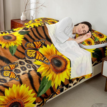 Manfei Brown Leopard Print Sheet Set Twin Sunflower Butterfly Bedding for Kids Teens Room Decor,Plant Animal Soft Bed 3pcs with Deep Pocket Fitted + Flat 1 Pillowcase, (WWS6574CLBgyy-Twin)