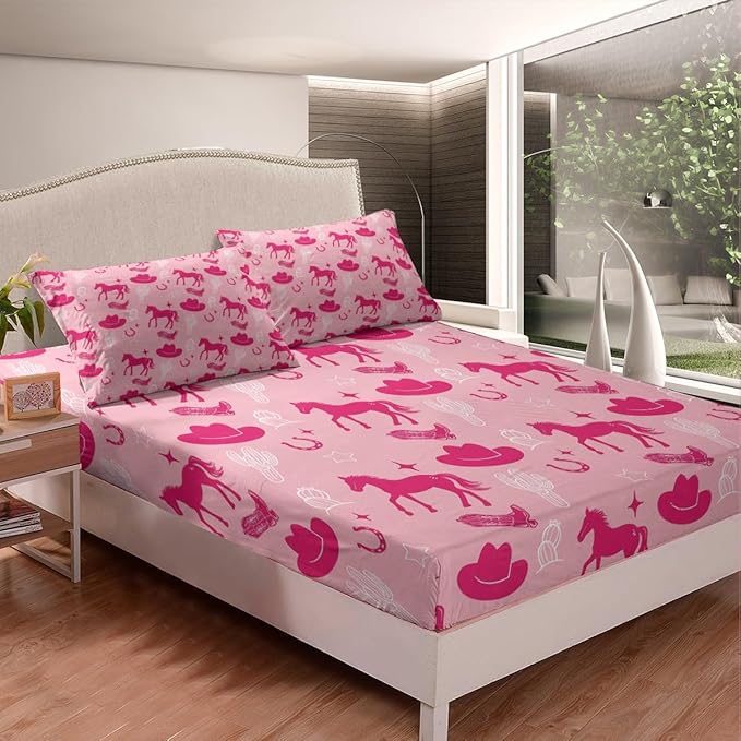 Western Cowgirl Fitted Sheet Queen Size,Retro Horseshoe Tribal Horse Boots Graffiti Bed Cover(1 Fitted Sheet+1 Pillow Case),Desert Cactus Rustic Famhouse Pink Mattress Cover