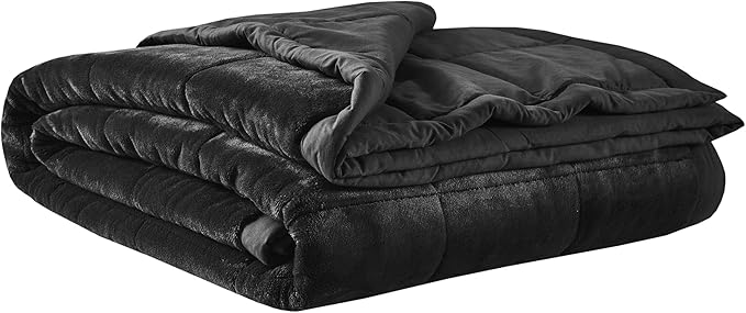 Madison Park Queen Cozy Blanket HeiQ Smart Temperature Plush to Microfiber Reverse Box Quilting, Reversible, Soft All Season, Lightweight Summer Cover, for Bed, Couch and Sofa, Full/Queen, Black