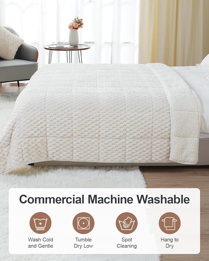Super Soft Luxury Fleece Sherpa 20 lbs Weighted Blanket for Adults, Turtle Shell Fuzzy Cozy Warm Weighted Throw for Winter, Ceramic Beads Washable Heavy Blankets for Couch Bed, Cream White, 60" x 80"