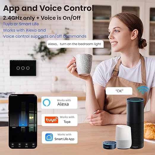 Smart Light Switch,3-Button,Aluminum Frame, Neutral Required,2.4GHz, Tuya Smart Life App,Voice Control,2.5D Curved-Edge Tempered Glass Panel,Black