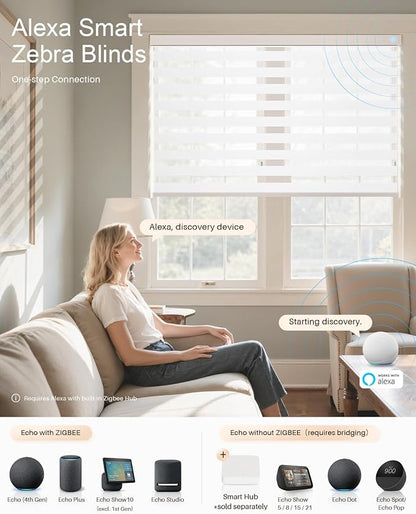 Smart Zebra Blinds for Windows, Alexa Motorized Blinds with Remote Control, Automatic Electric Power Zebra Shades for Indoor Windows (34" W x 72" H, White)