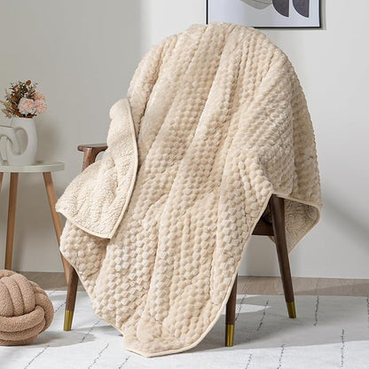 Wemore Fleece Weighted Blanket for Adults (48" x 72" 15lbs, Khaki), Dual Sided Cozy Soft Sherpa Heavy Blanket, 3D Imitation Turtle Shell Warm Jacquard Flannel Weighted Blankets for Couch and Bed