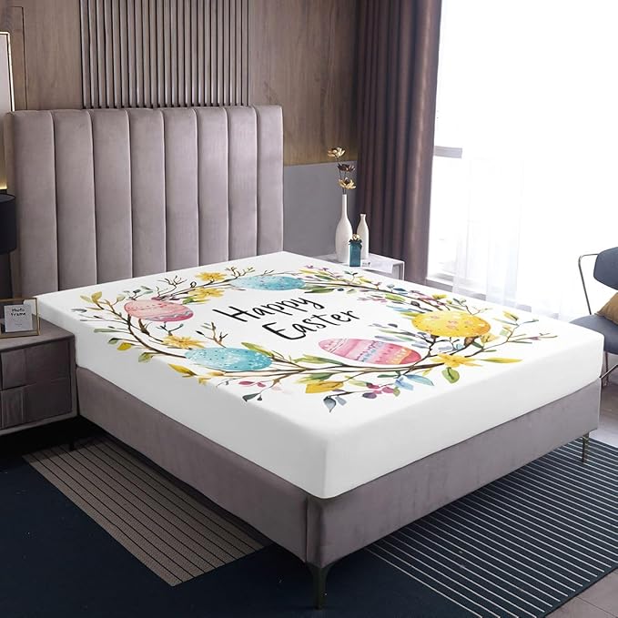 Happy Easter Fitted Sheet Queen Size Flowers Floral Easter Eggs Bedding Set for Kids Bedroom Spring Holiday Farmhouse Bed Sheet Set 3pcs White Colorful Deep Pocket Mattress Cover,No Top Flat