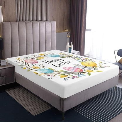 Happy Easter Fitted Sheet Twin Size Flowers Floral Easter Eggs Bedding Set for Kids Bedroom Spring Holiday Farmhouse Bed Sheet Set 2pcs White Colorful Deep Pocket Mattress Cover,No Top Flat