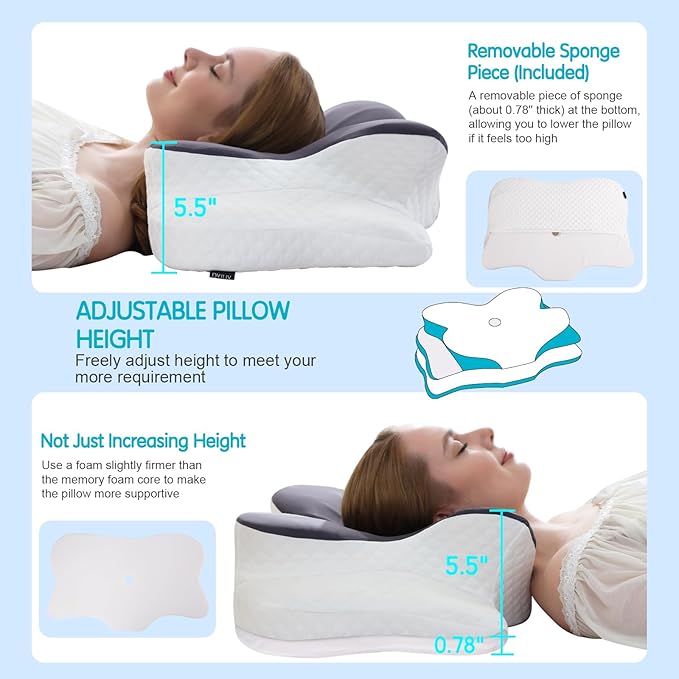 Cervical Pillow for Neck Pain Relief, Contour Memory Foam Pillows, Adjustable Orthopedic Pillow with Cooling Case for Side, Back, Stomach Sleepers, Ergonomic Neck and Shoulder Support