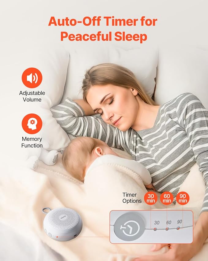 VEVOR Sound Machine, 20 Soothing Sleep Sounds, 4-in-1 Hangable White Noise Sound Machine with Auto-Off Timer, Soft Ring Light, Memory Function and Child Lock, for Baby, Adults, Home, Office & Travel