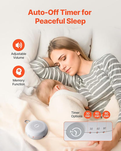 VEVOR Sound Machine, 20 Soothing Sleep Sounds, 4-in-1 Hangable White Noise Sound Machine with Auto-Off Timer, Soft Ring Light, Memory Function and Child Lock, for Baby, Adults, Home, Office & Travel