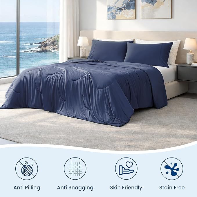 Cozy Bliss Deluxe Dual-Sided Cooling Comforter Queen Size, Ultra-Soft Lightweight Breathable Silky Cooling Blankets with Q-Max>0.45 for Bedroom, Hot Sleepers & Night Sweats, Dark Blue, 90"x90"