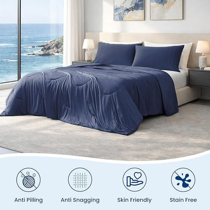 Cozy Bliss Deluxe Dual-Sided Cooling Comforter Twin Size, Ultra-Soft Lightweight Breathable Silky Cooling Blankets with Q-Max>0.45 for Bedroom, Hot Sleepers & Night Sweats, Dark Blue, 68"x90"