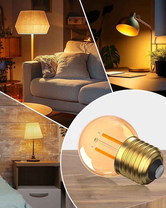 1.5Watt Low Watt LED Light Bulbs Equivalent to 10 Watt Night Bulbs,E26 Standard Base G40 Small Globe Light Bulbs,2200K Soft Warm Bulb for Bedroom,Amber Glass,Non-Dimmable,2-Pack