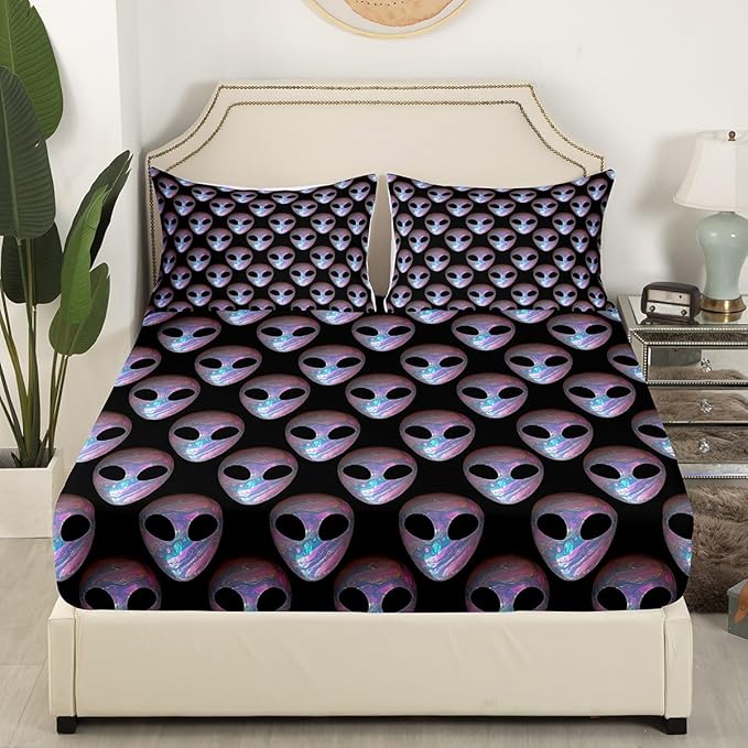 Alien Fitted Sheet Set with 2 Pillowcase,Outer Space Alien Mysterious Microfiber Mattress Cover,Watercolor Purple Blue Marble Paint Trippy Bed Cover Queen Size